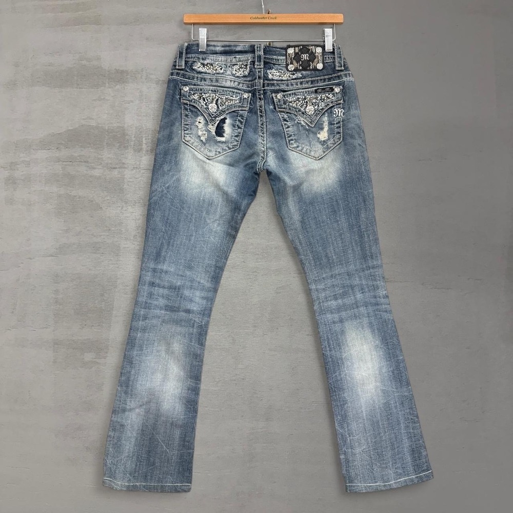Y2K Miss Me Signature Slim Boot Blue Distressed Bedazzled Jeans 27 Flare
